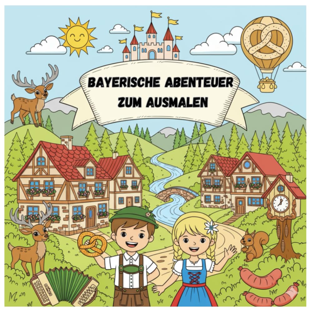 Cover von Bayerische Abenteuer zum Ausmalen mit Fachwerkhäusern, Schloss, Brezel und Kindern in Tracht
