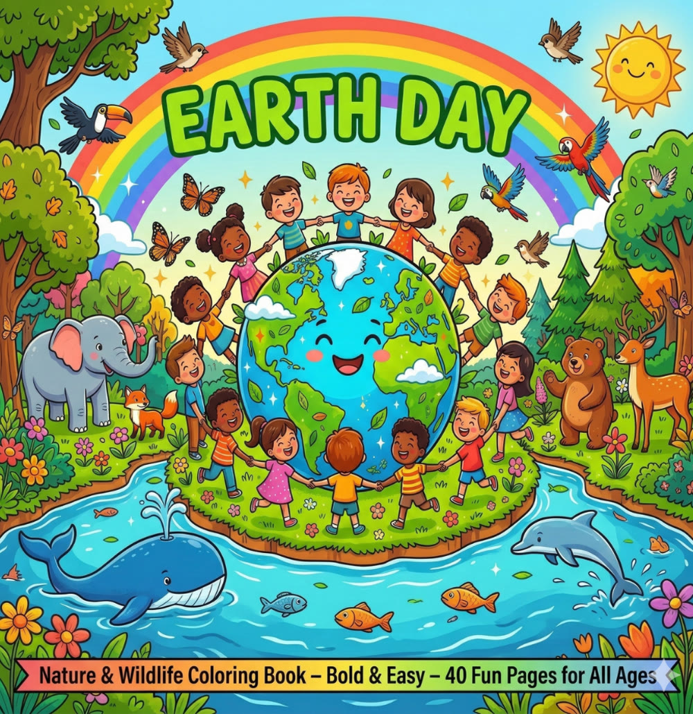 Cover von Earth Day Coloring Book: Kinder halten sich um eine lachende Erdkugel an den Händen, ringsum Wald, Tiere und ein Fluss mit Wal und Delfin