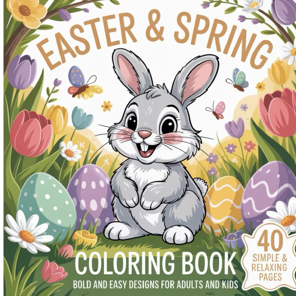 Cover von Easter and Spring Coloring Book mit einem Hasen, Ostereiern und Tulpen
