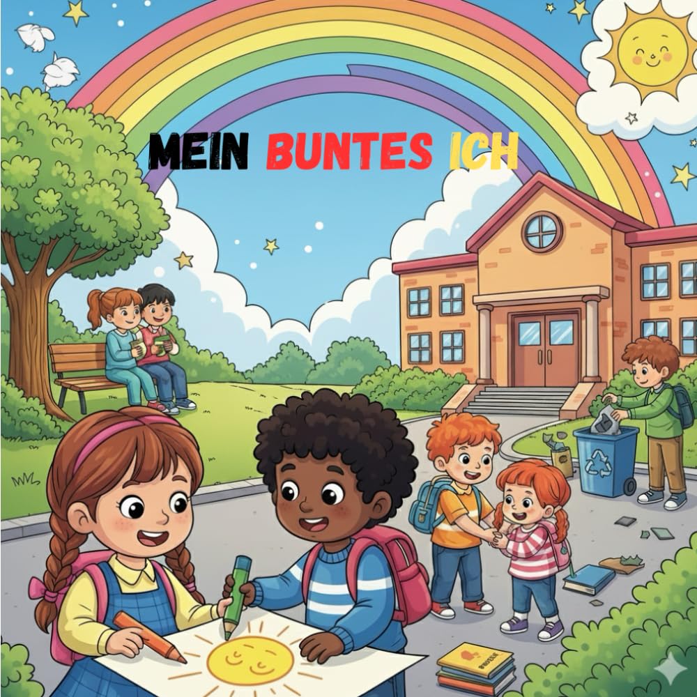 Cover von Mein buntes Ich mit Kindern beim Malen vor einer Schule unter einem Regenbogen